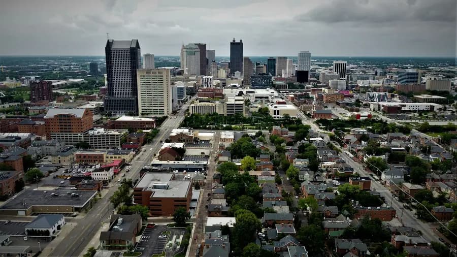 Aerial view of downtown Columbus, Ohio, and surrounding residential streets