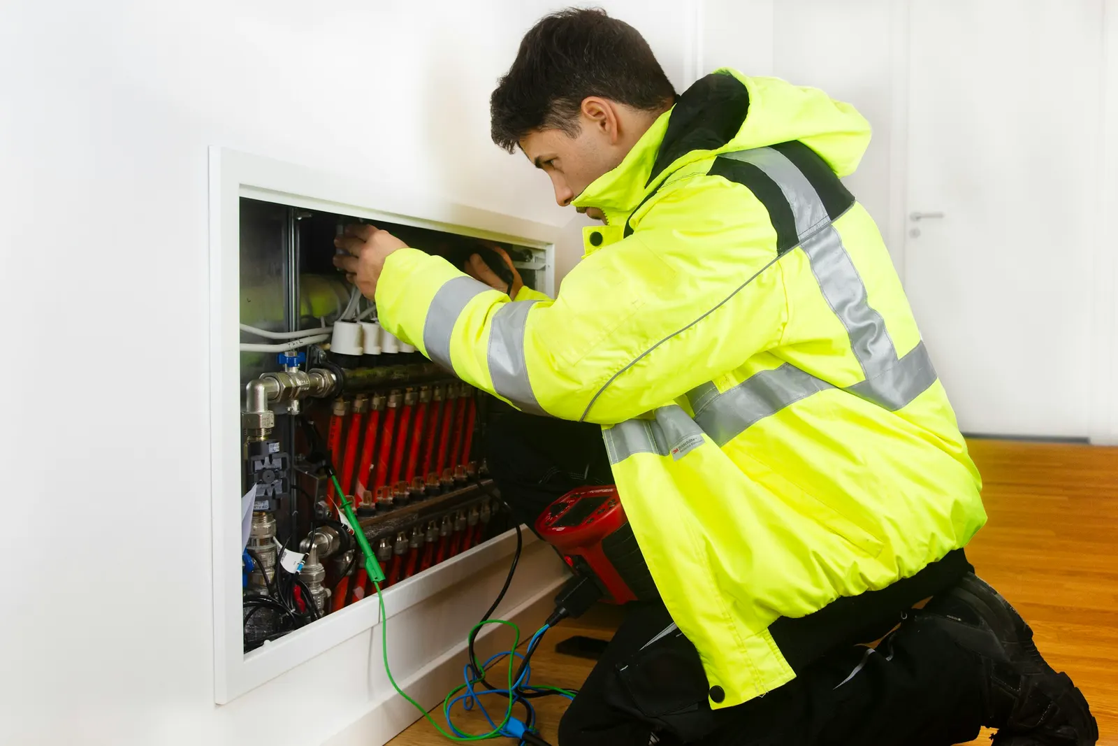 A technician in a hi-vis jacket works on a home heating manifold.